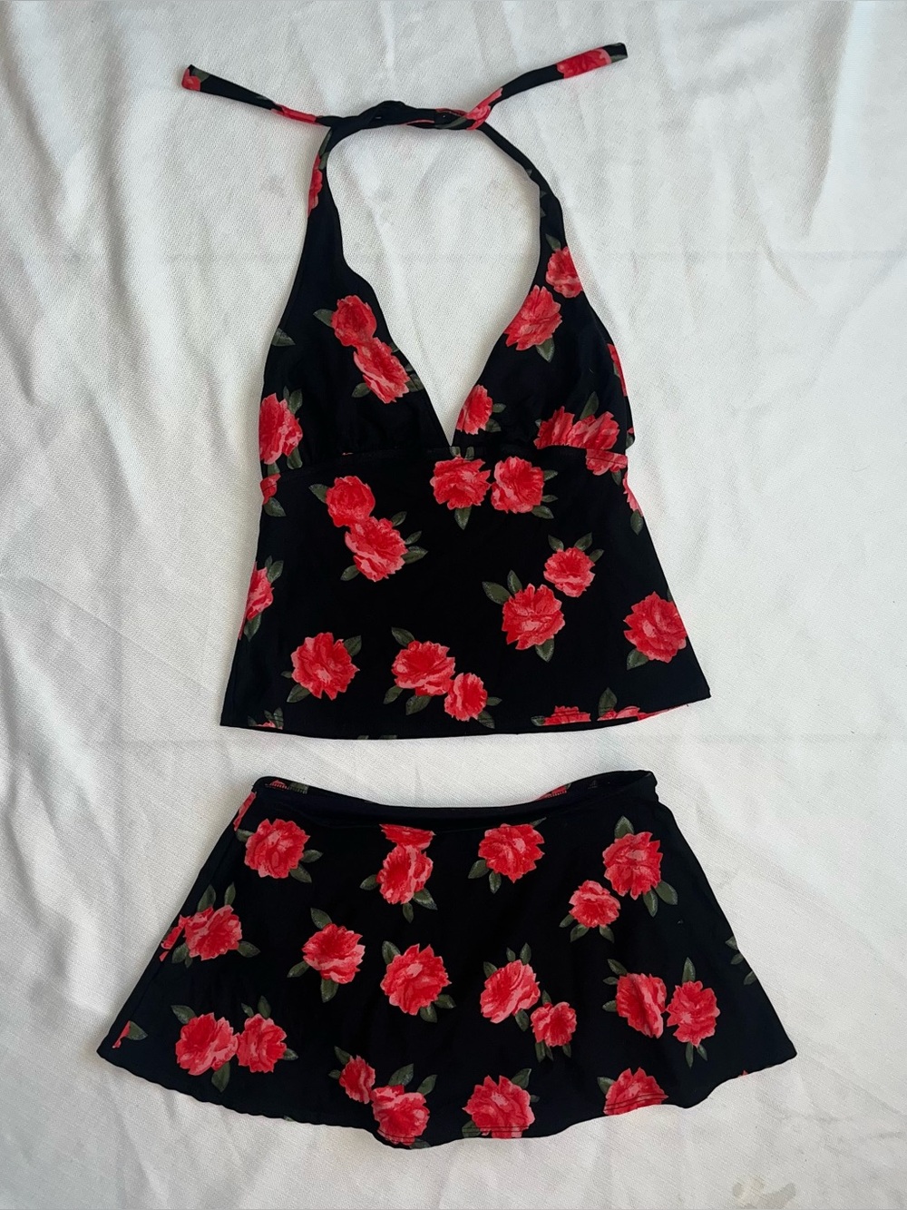 Vintage gabar floral black red rose halter tankini skirt swimsuit set size 8